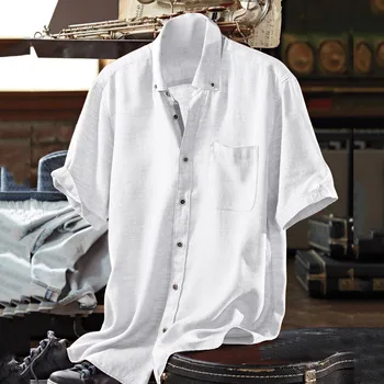 כותנה חולצות פשתן פשוטים מוצק צבע החולצה דש צווארון גברים חולצות שרוול קצר Camisas גבר אופנת רחוב Dailywear Blusas