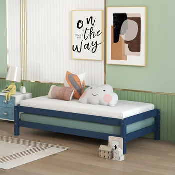 כחול מוצק פלטפורמה מיטה זוגית גודל, 2 תאום עץ לישון במיטת האורחים Stackable מיטה פנים ריהוט חדר השינה