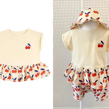 בגדי ילדים בייבי קיץ היילוד בחורה חמודה שמלה דובדבן הדפסה מזויף שני חלקים חולצה חצאית 2023