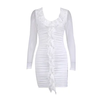 מזדמן שמלות 2022 סתיו ארוך שרוול שמלת Bodycon Strechy לבן אלגנטי לפרוע את שמלת מיני רשת שמלת מסיבה במועדון