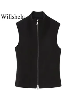 Willshela נשים אופנה שחור הרוכסן הקדמי הז 'קט וינטג גבוה צוואר שרוולים ז' קטים נשיים אופנתי תלבושות ליידי