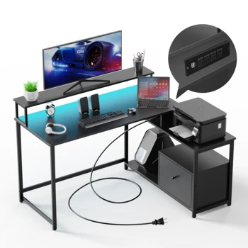 המשרד הביתי שולחן מחשב עם מגירת, LED הרצועה, הכוח לשקע