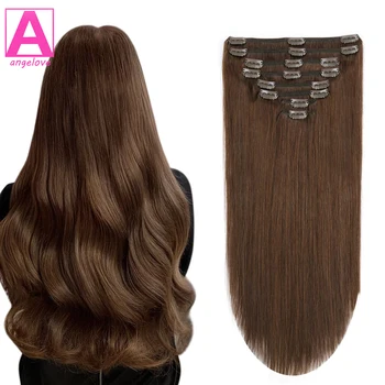 הקליפ תוספות שיער #4 בראון lHair אנושי אמיתי שיער כריכה כפולה 8pcs תוספות שיער קליפ ההגירה ישר בשיער אדם עבור האישה.