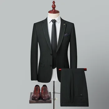 2023 בוטיק (קט+ מכנסיים גברים של האופנה עסקים סלים ג ' נטלמן פשוטה אלגנטית פסים מקרית חליפת העסקים 2-piece סט