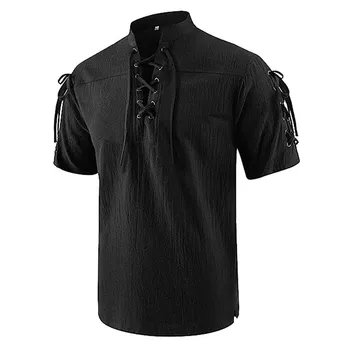 2023 אנשים חדשים של V-צוואר חולצת טריקו אופנה וינטג דק שרוול ארוך העליון גברים מזדמנים לנשימה ויקינג חזית תחרה אדם חולצות