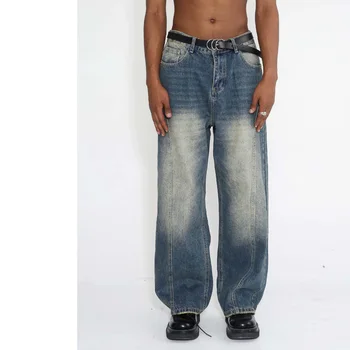2023 קיץ חדש רטרו הונג קונג בסגנון ישר מכנסיים החדרת קו אמצע גבוהה המותניים ג ' ינס לגברים ונשים