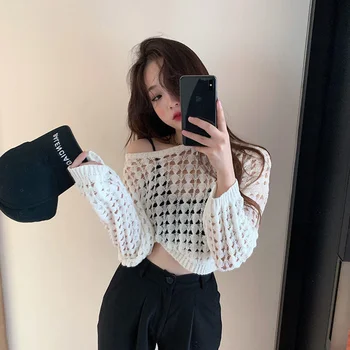 נשים הולו לבן שחור לסרוג סוודר קצר קוריאני אופנה סקסית רופף ארוך שרוולים רשת דיג, מקסימום נשים עבור נשים.