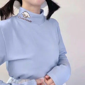 Sanrios Kuromi Kawaii חולצה שרוול ארוך רך ילדה חמודה גבוה צווארון רקום חם קרקעיות עם חולצה עם שרוולים ארוכים חולצה