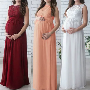אופנה תחרה ארוכה שמלת מקסי שמלת היריון נשים בהריון לידה שמלת צילום אביזרים הריון Одежда Для Беременных