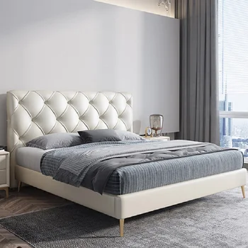 אור יוקרה השינה 1.8 מ ' טווין פשוט מודרניים מעץ מלא עור אמנות רך ערלה המיטה רהיטים