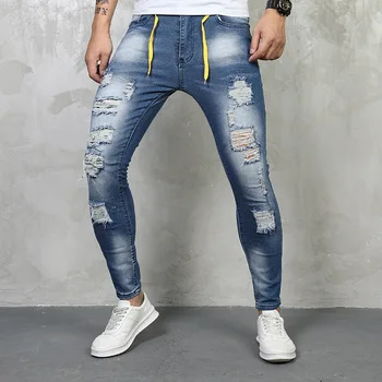סגנון קוריאני יוקרה ג 'ינס של גברים למתוח Harajuku אופנה ג' ינס מזדמנים מכנסיים עם קרע חורים החבר כותנה מכנסיים אדם