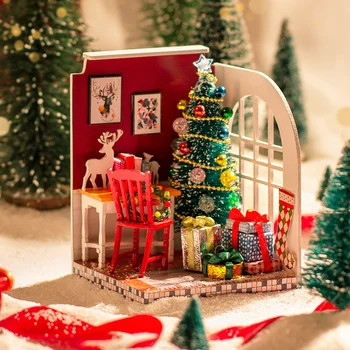 Diy מיני Casa עץ מיניאטורי בניית ערכות בית בובות עם ריהוט הרכבה, בובות צעצועים עבור ילדים מבוגרים מתנות חג המולד