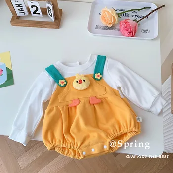 2023 קוריאני בנות תינוק אביב סתיו רומפר כותנה טלאים מזויף שני חלקים תוקנו קריקטורה כיסים בנות תינוק בגד גוף