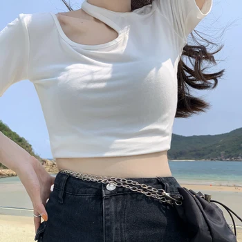 קוריאני 2021 קיץ טריקו שרוול קצר סקסי Clubwear נשים חולצת טריקו גזורה מקרית Slim שחור חלול חם הנשי חולצת טי
