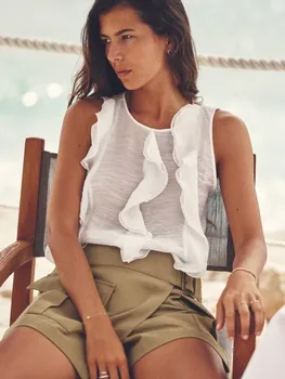 נשים קיץ לבנים מדורגים Ruffles לראות דרך החולצה ללא שרוולים לחפות על חוף ללבוש גופיה