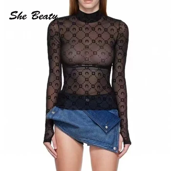 שטחי רקמה צבעוני חולצות טריקו נשים צווארון צווארון שרוול ארוך שיק לראות דרך רשת סקסי Traf גג חדש הבגדים את החולצה.